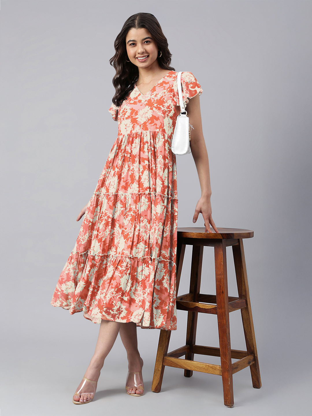 Orange Georgette Abstract Printed Tiered Dress