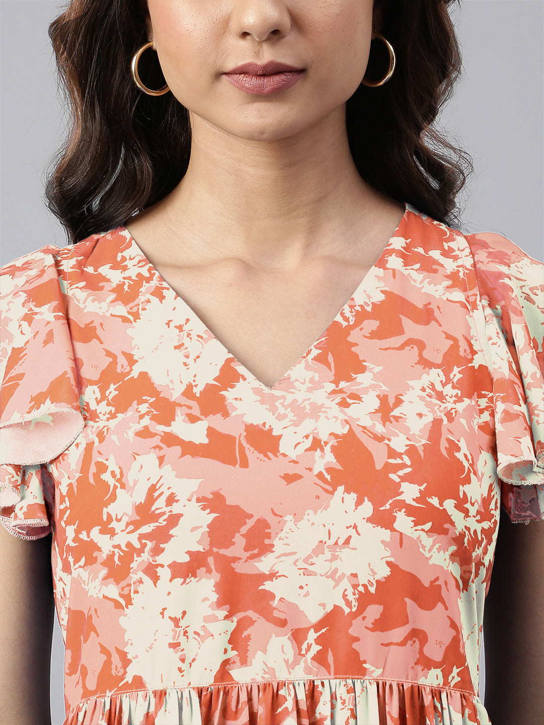 Orange Georgette Abstract Printed Tiered Dress