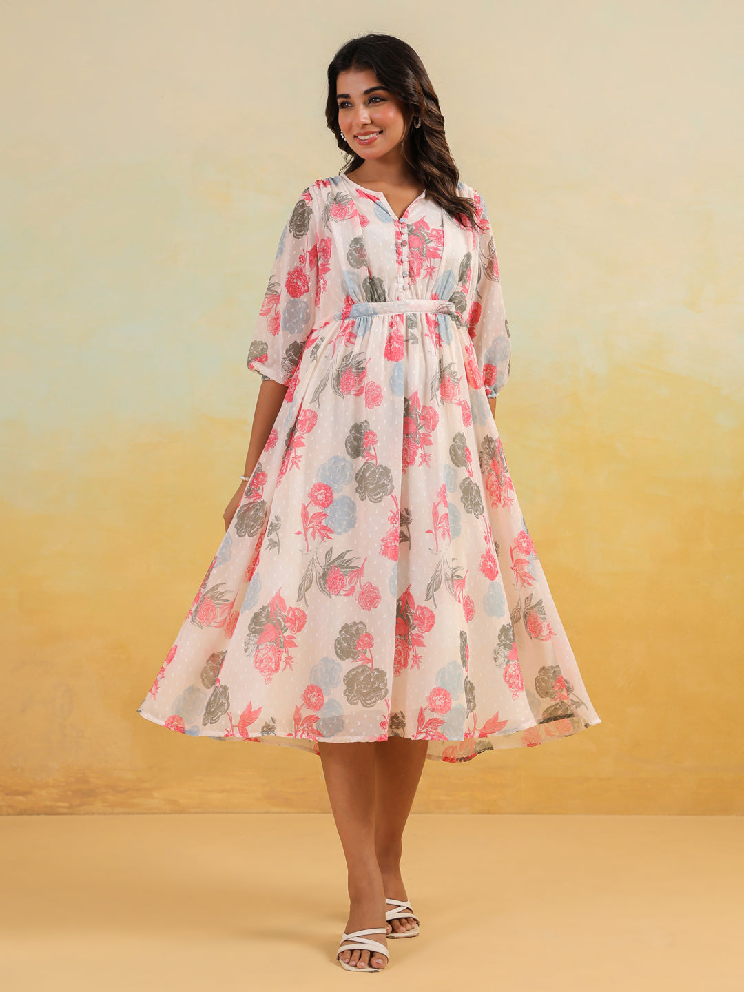 Janasya Women's Cream Georgette Floral Printed Flared Dress