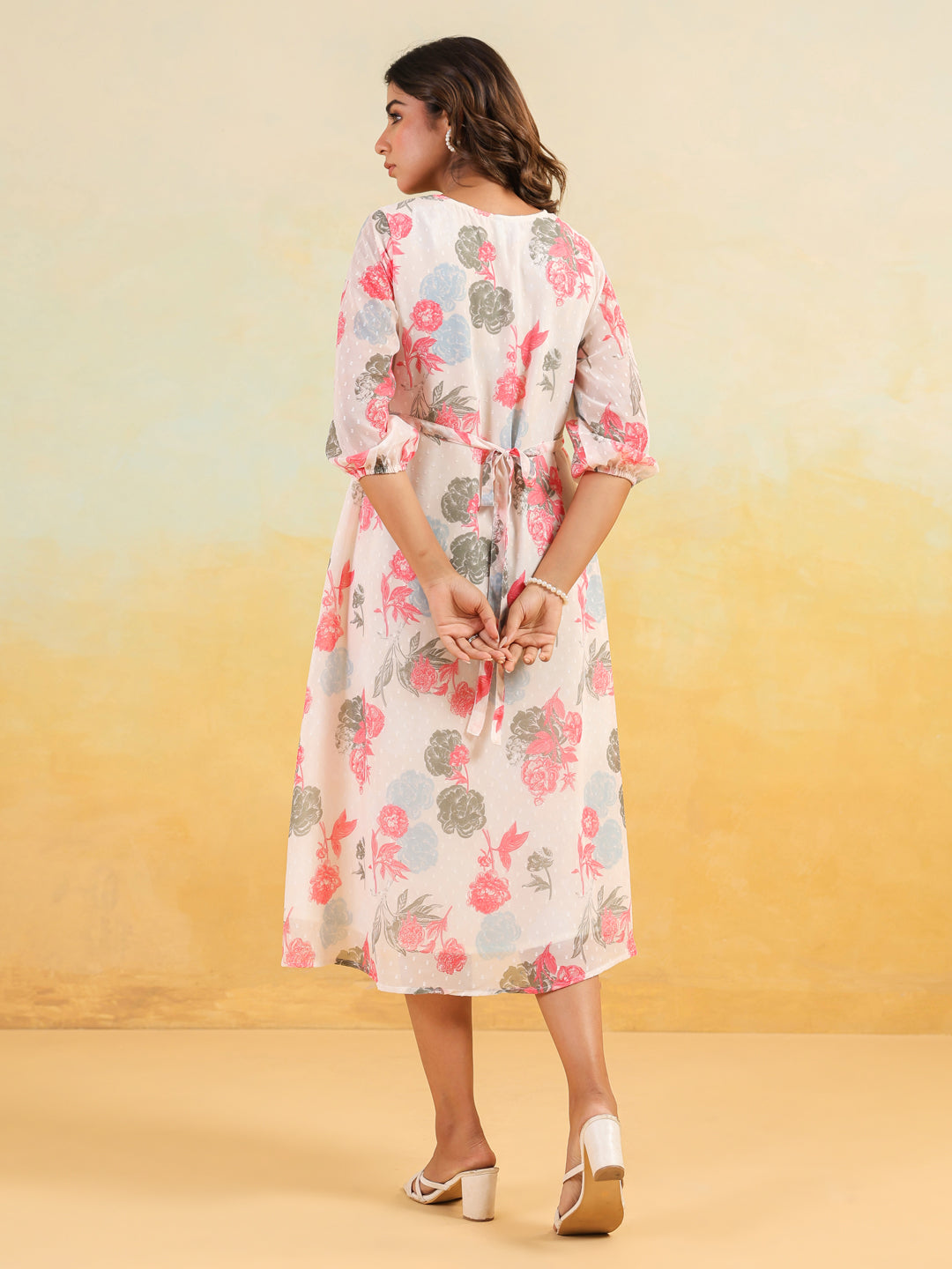 Janasya Women's Cream Georgette Floral Printed Flared Dress