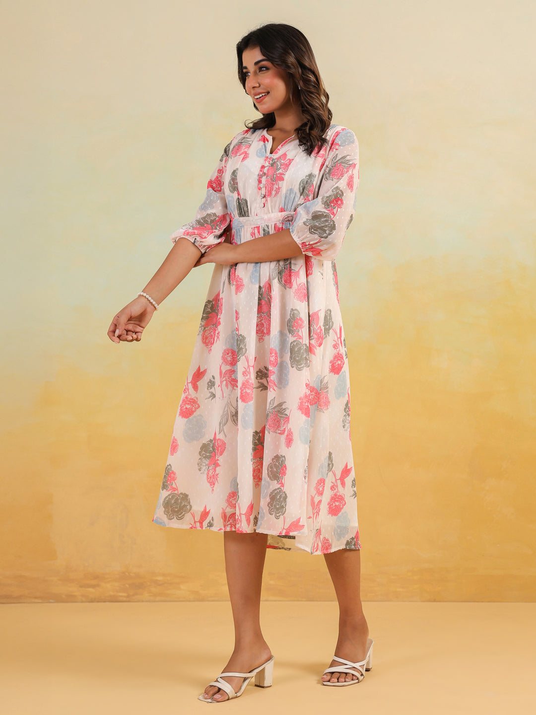 Janasya Women's Cream Georgette Floral Printed Flared Dress
