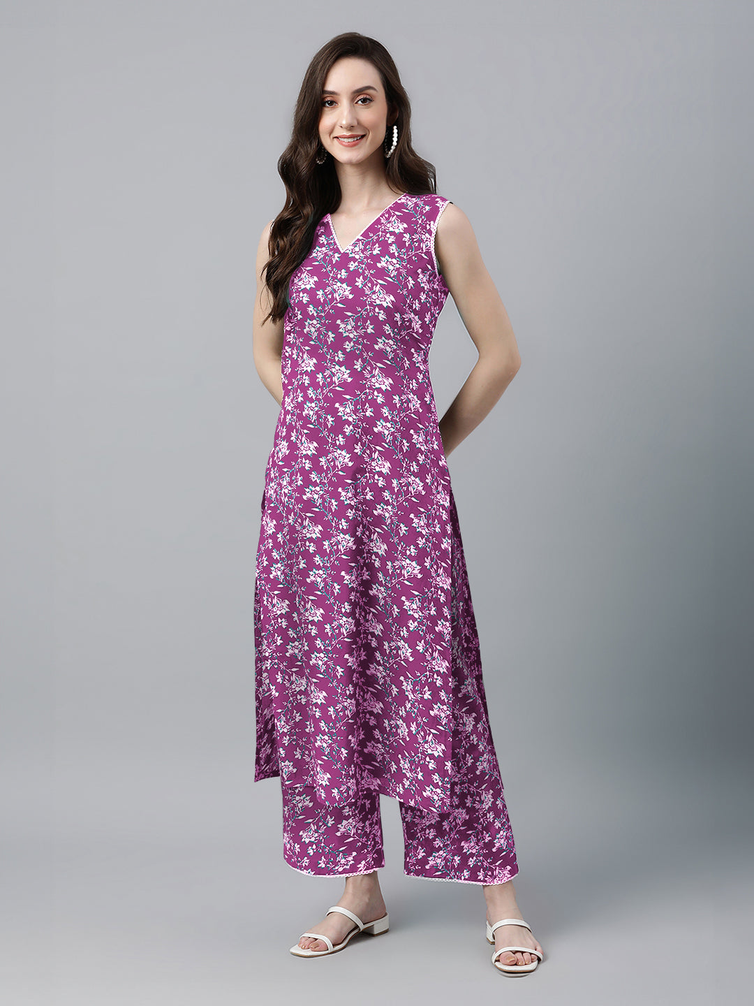 Purple Pure Cotton Floral Printed Straight Kurta Set