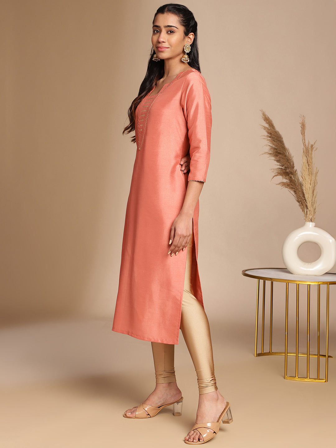 Peach Crepe Silk Solid Straight Kurta