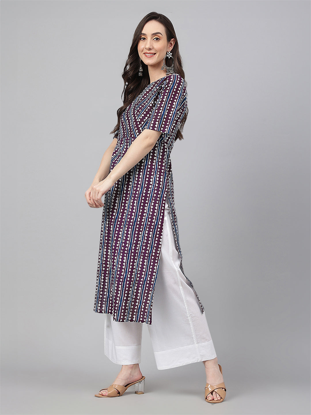 Wine Pure Cotton Geometric Printed Straight Kurta