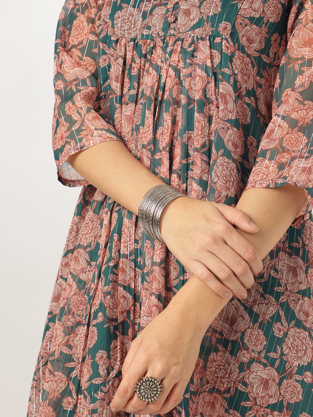 Janasya Women's Dark Green Chiffon Lurex Floral Printed A-line Kurta