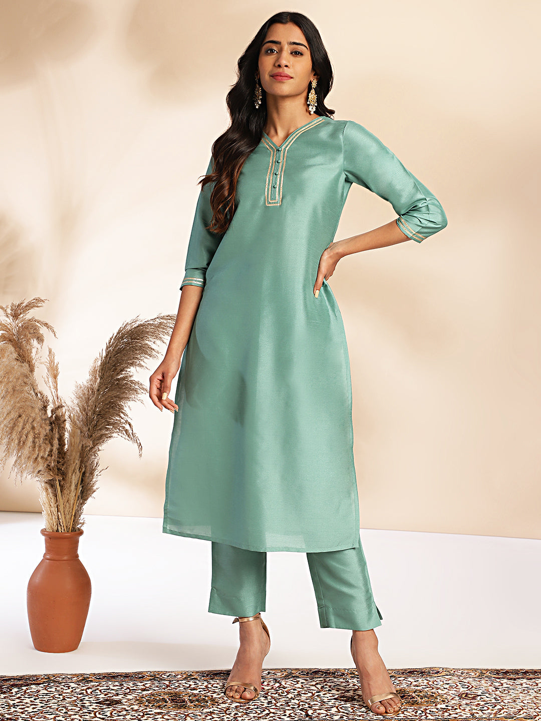 Sage Green Crepe Silk Yoke Design Straight Kurta Set