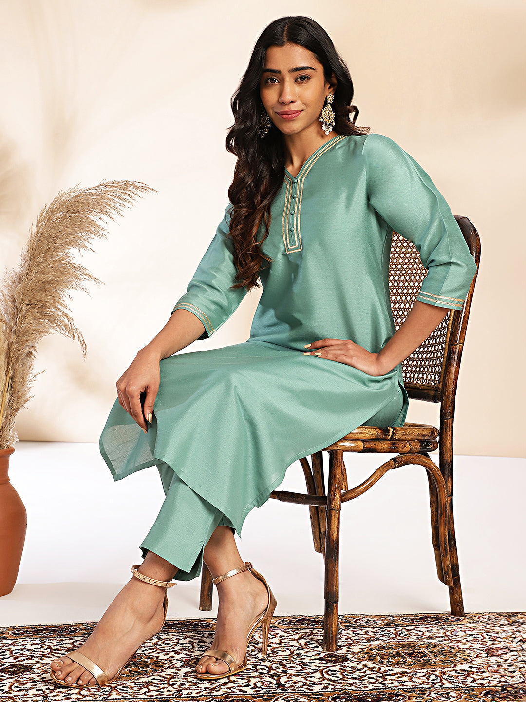 Sage Green Crepe Silk Yoke Design Straight Kurta Set
