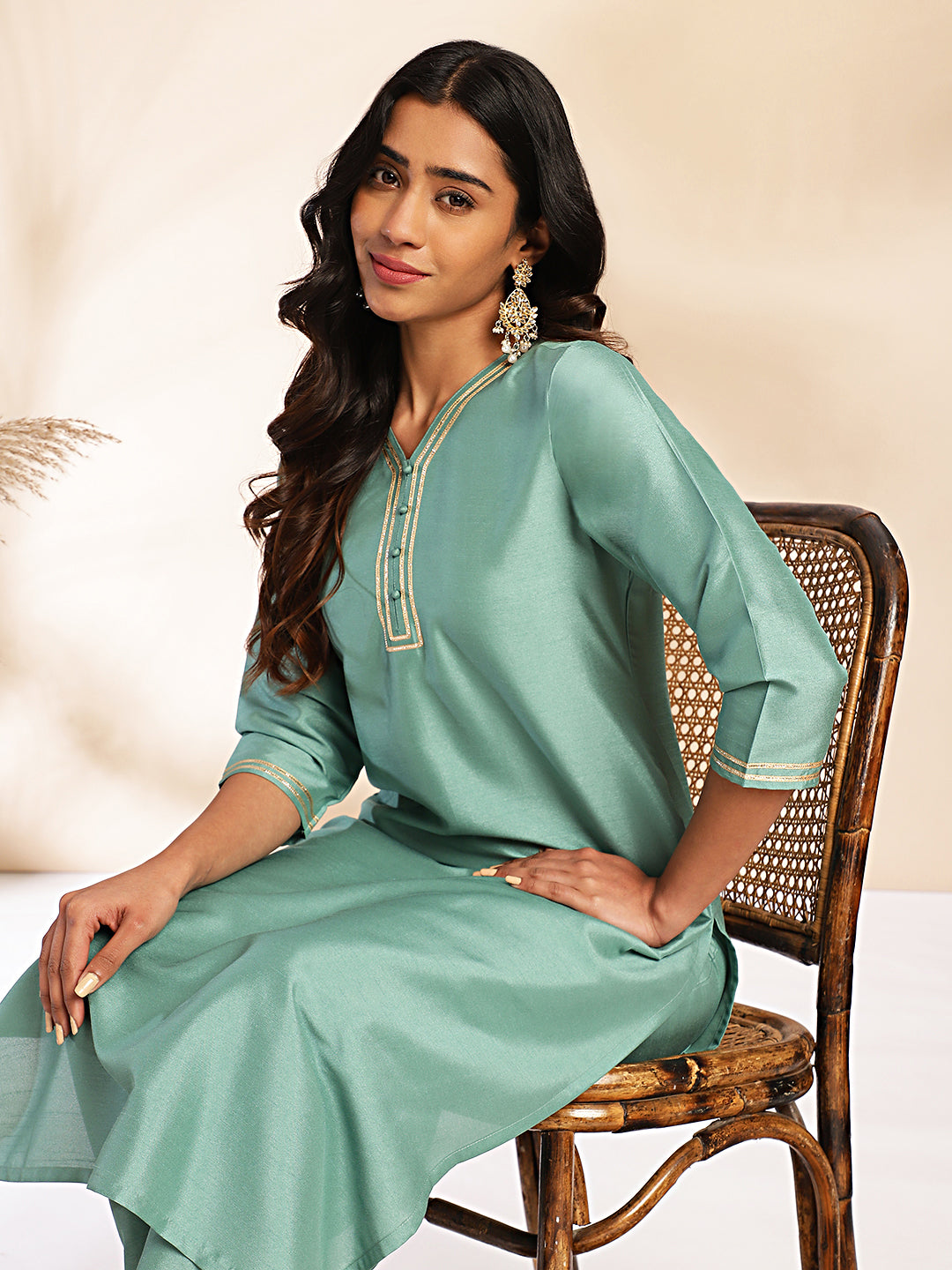 Sage Green Crepe Silk Yoke Design Straight Kurta Set