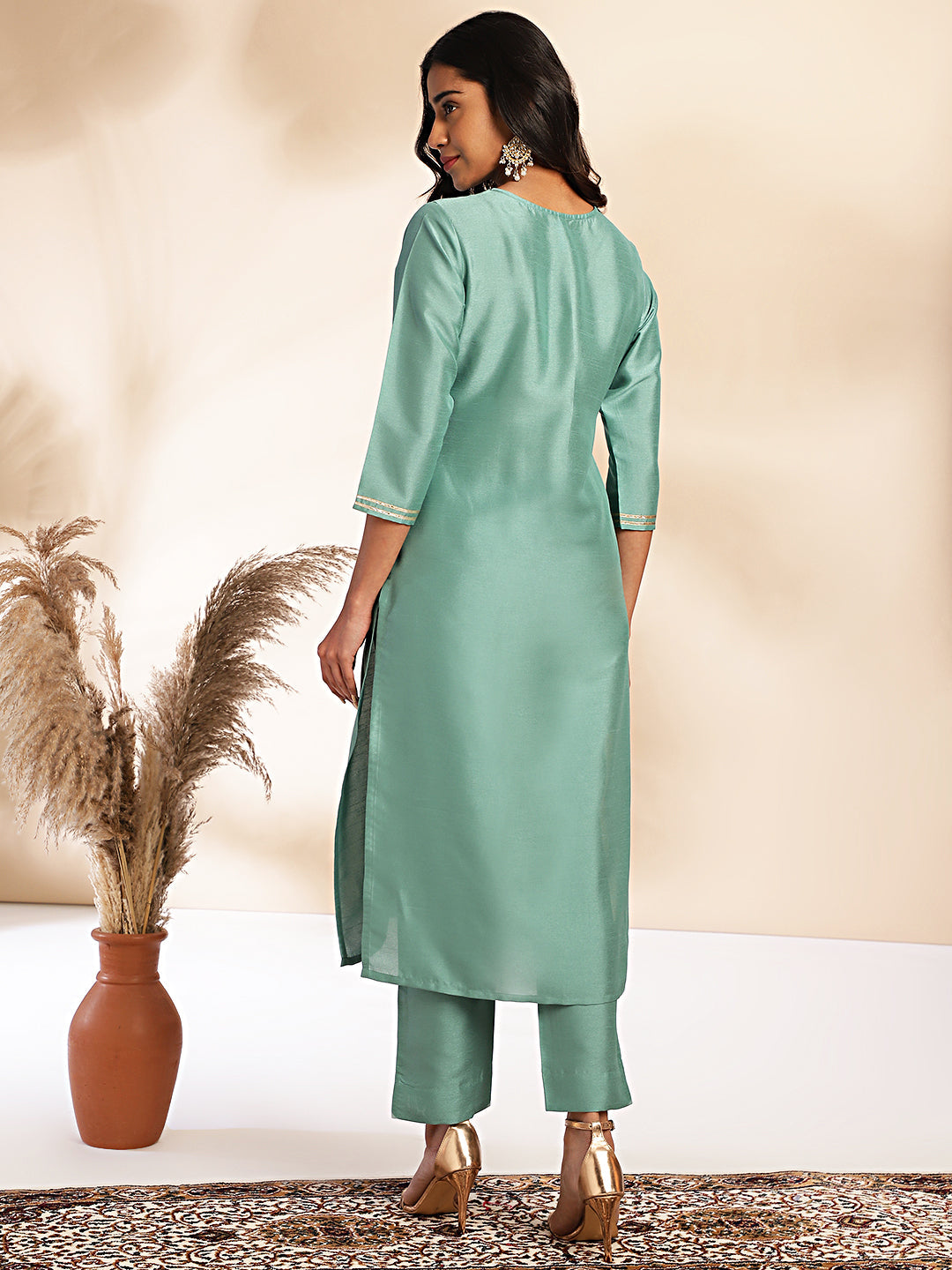 Sage Green Crepe Silk Yoke Design Straight Kurta Set