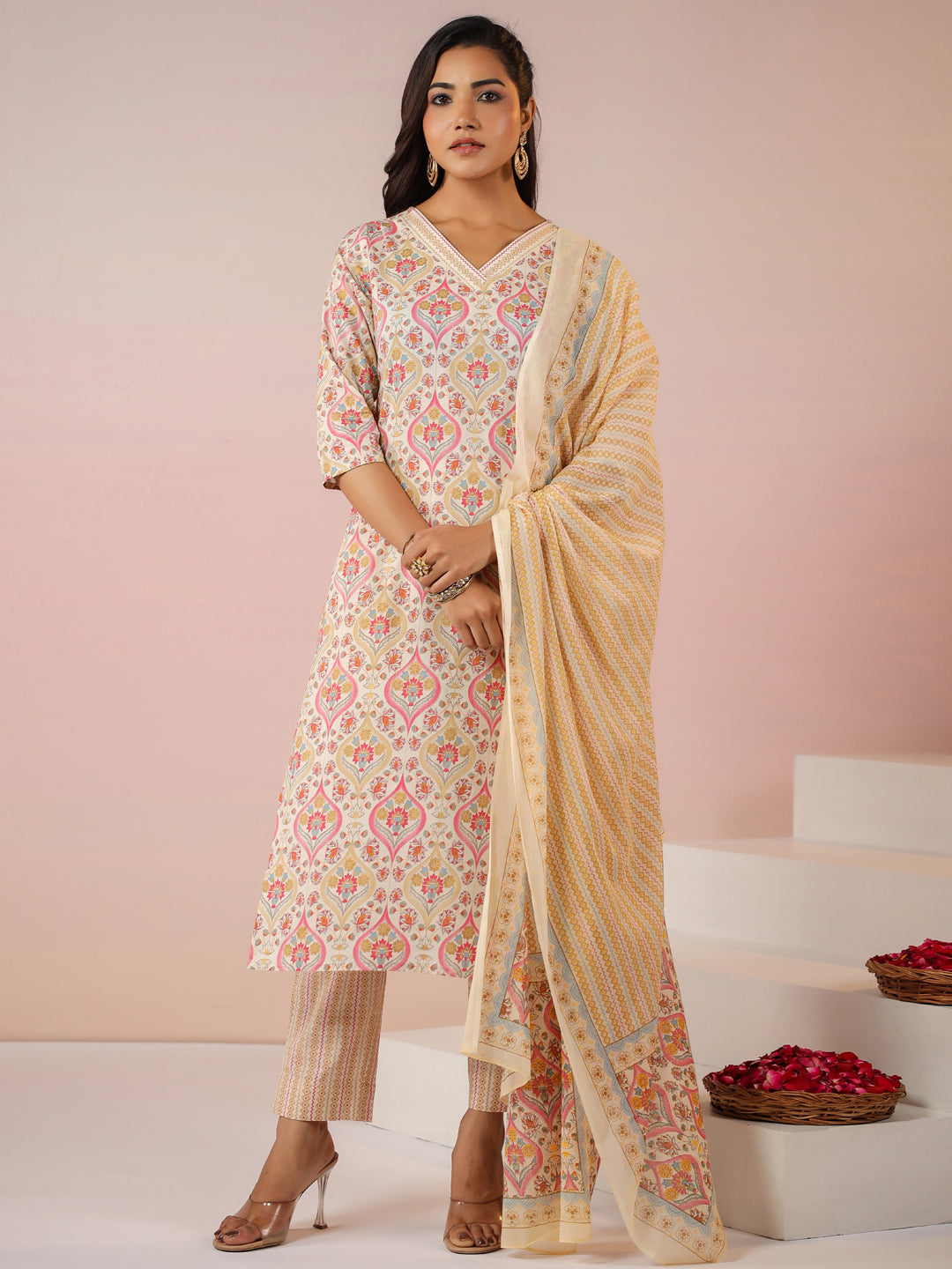 Cream Pure Cotton Ethnic Motifs Printed Straight Kurta Set