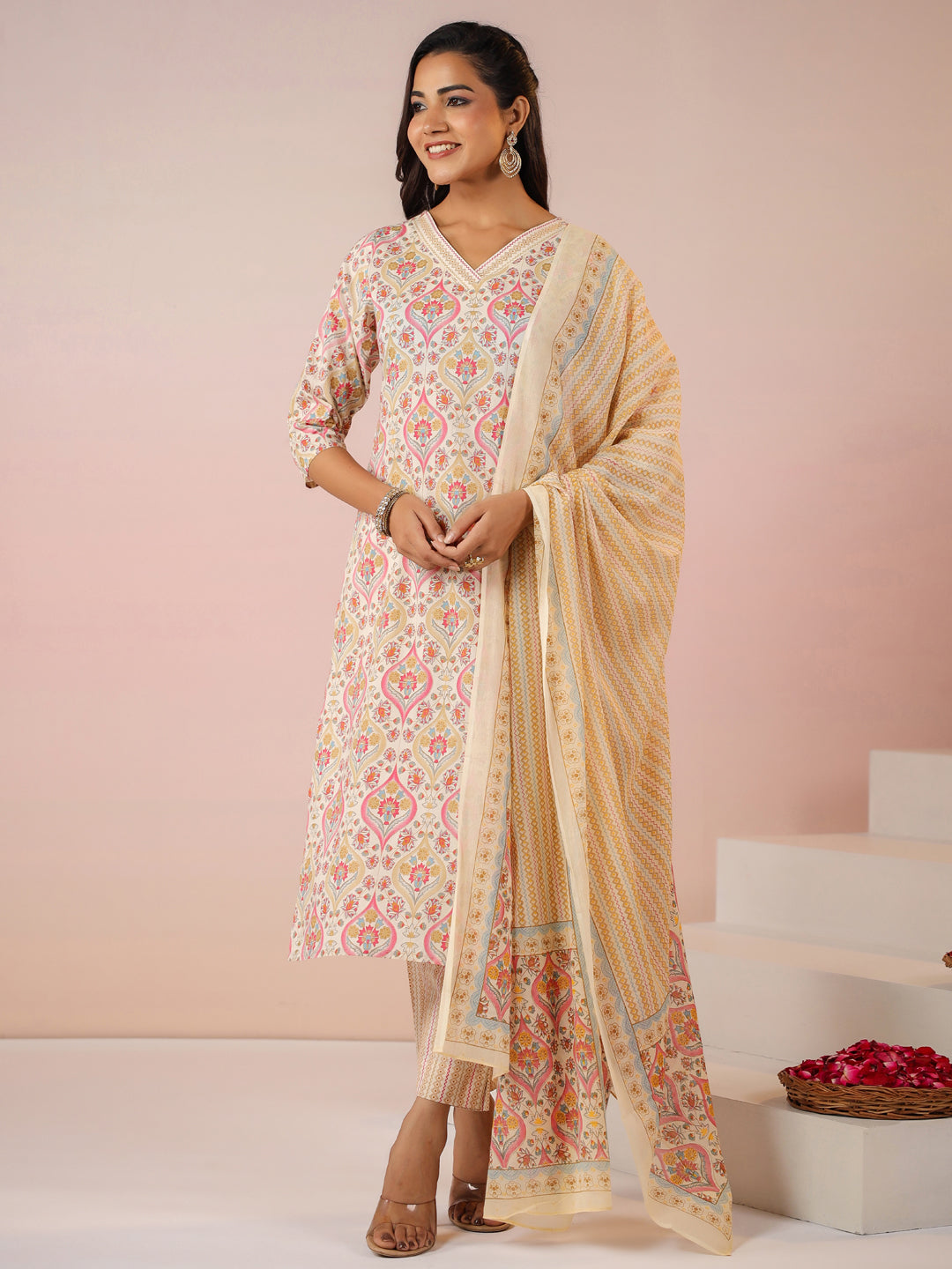 Cream Pure Cotton Ethnic Motifs Printed Straight Kurta Set