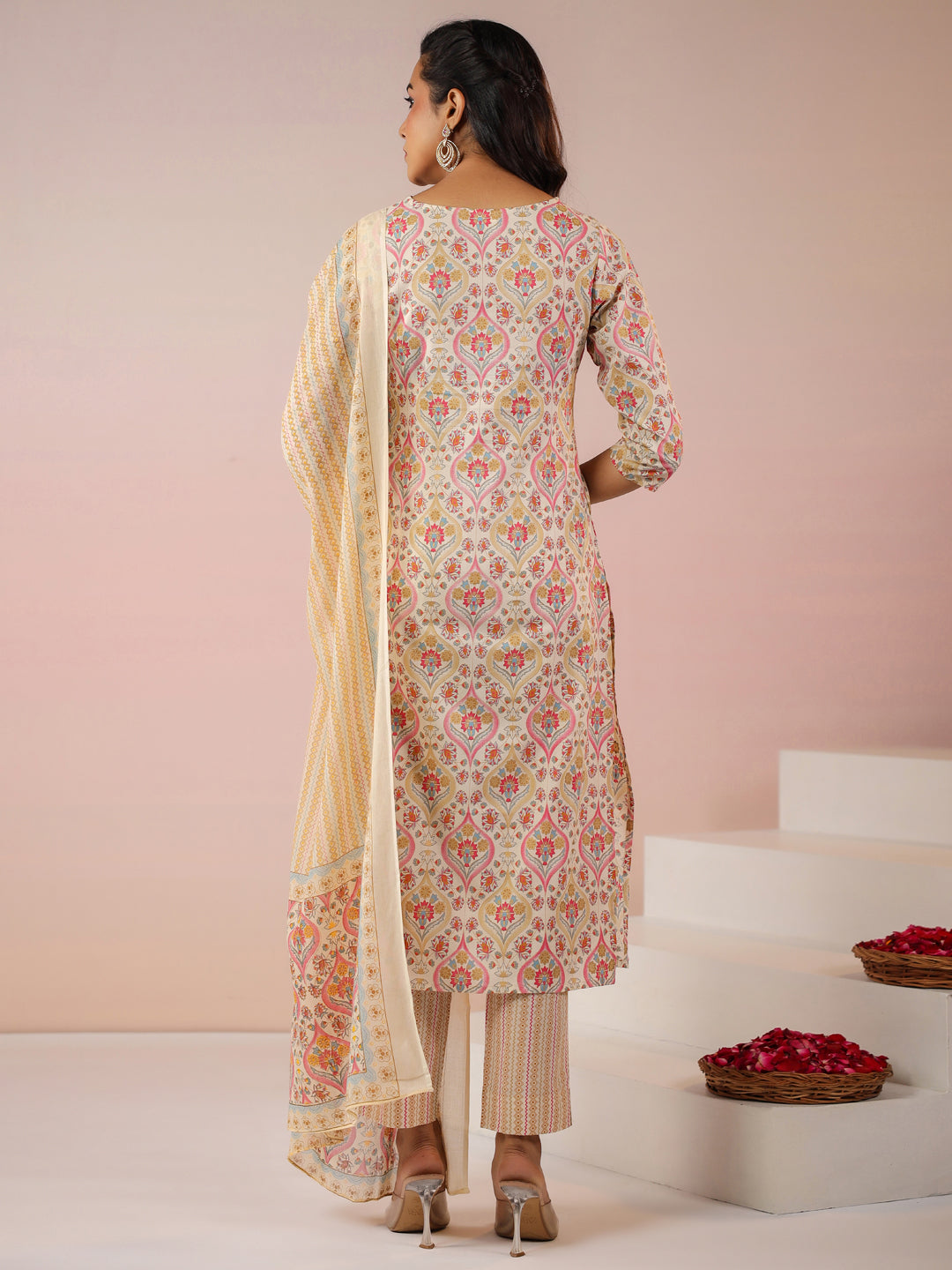 Cream Pure Cotton Ethnic Motifs Printed Straight Kurta Set