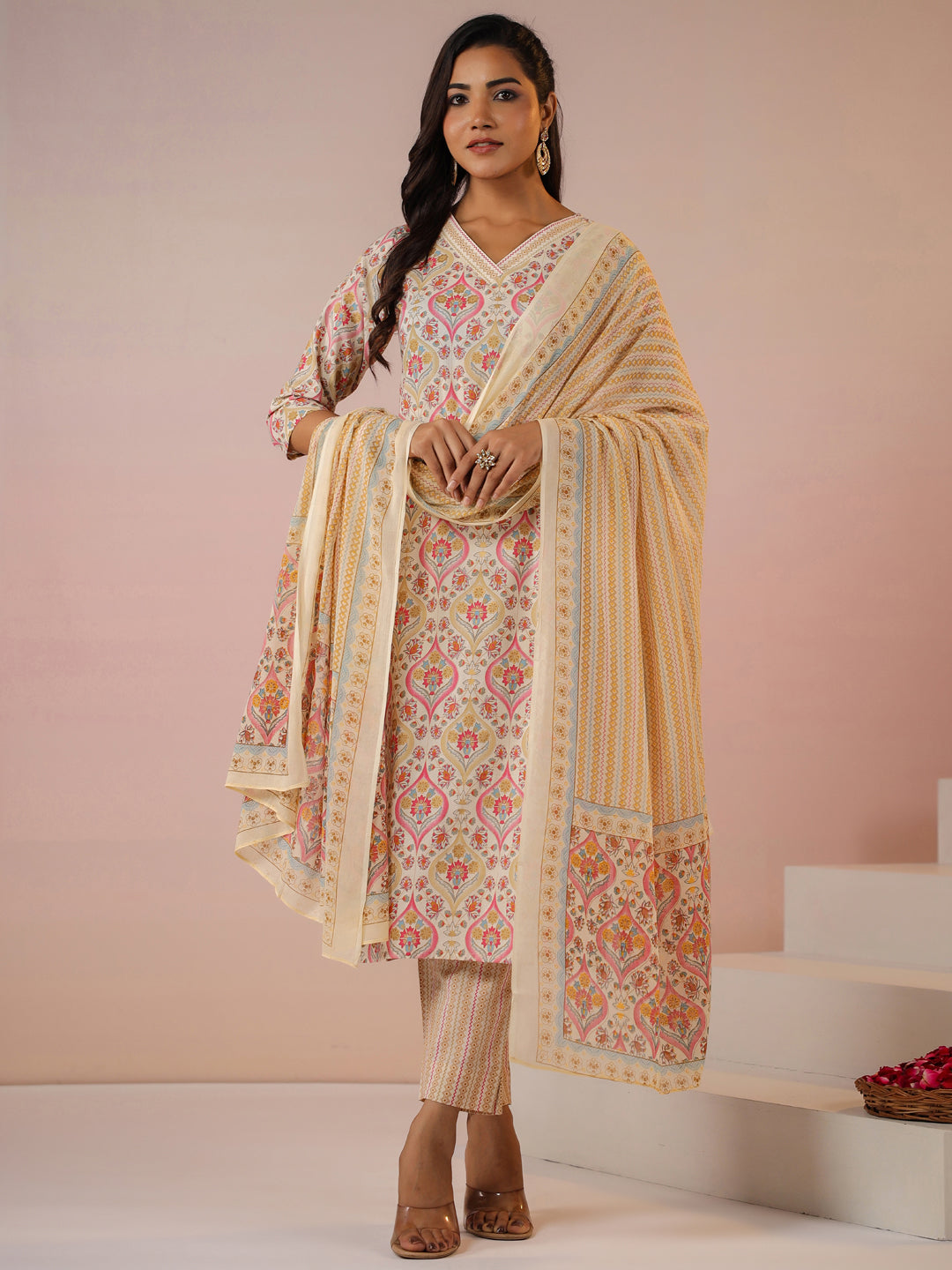 Cream Pure Cotton Ethnic Motifs Printed Straight Kurta Set