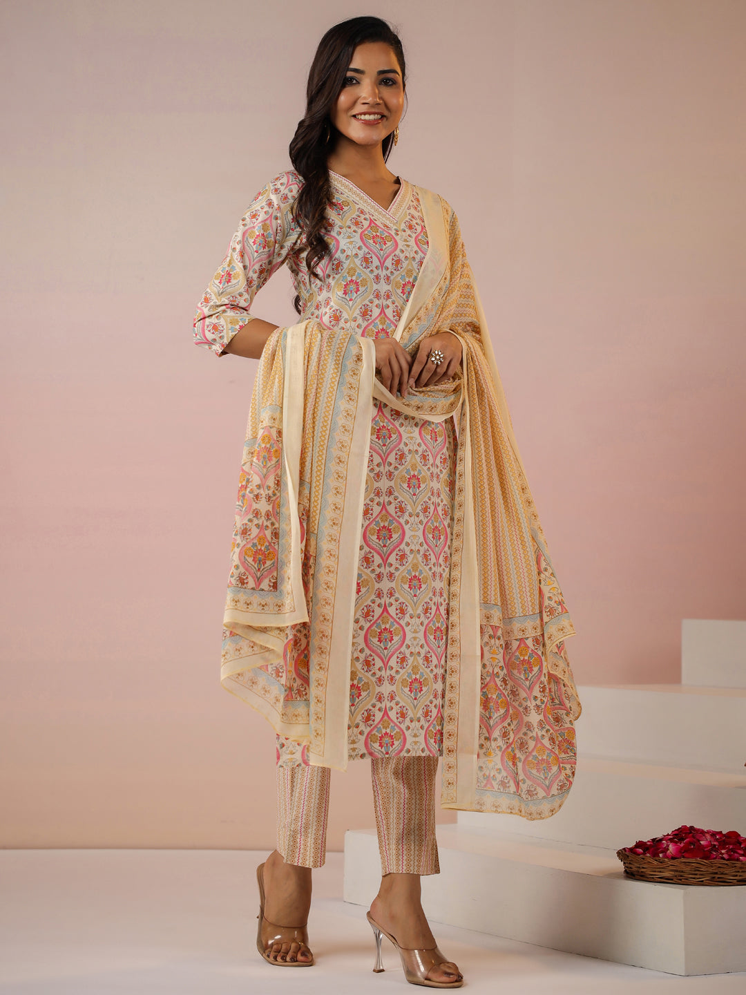 Cream Pure Cotton Ethnic Motifs Printed Straight Kurta Set