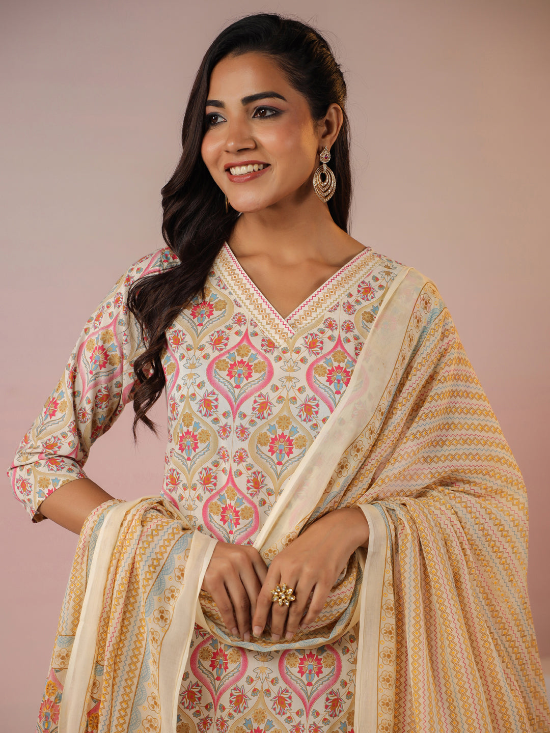 Cream Pure Cotton Ethnic Motifs Printed Straight Kurta Set
