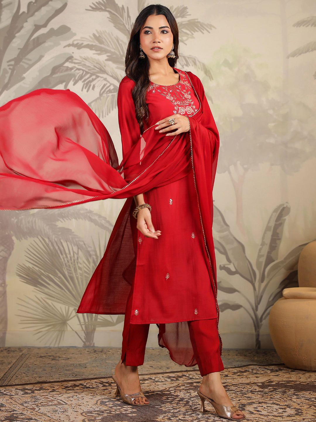 Maroon Chanderi Embroidered Straight Kurta Set