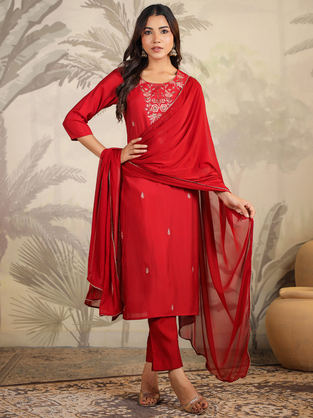 Maroon Chanderi Embroidered Straight Kurta Set