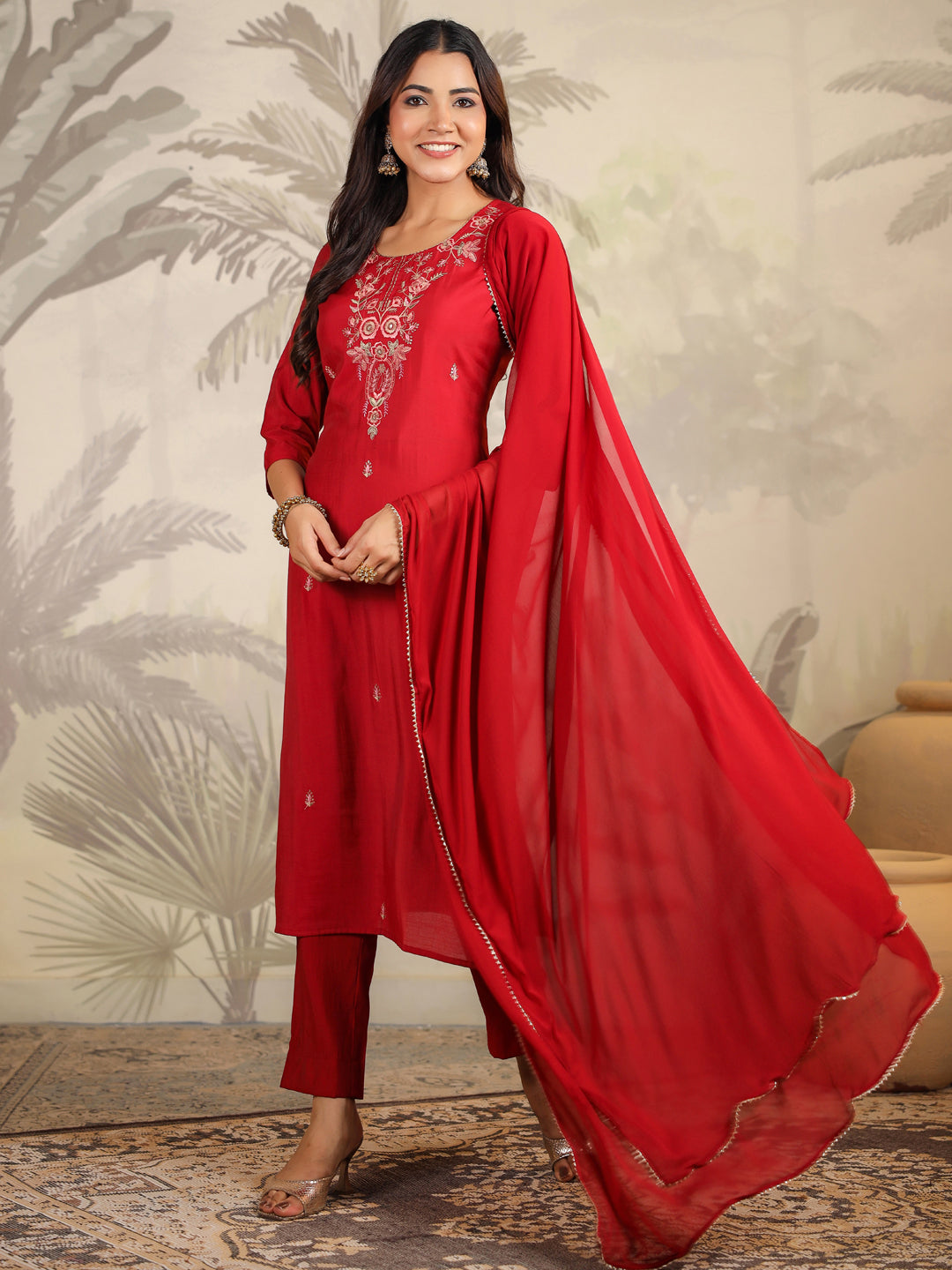 Maroon Chanderi Embroidered Straight Kurta Set