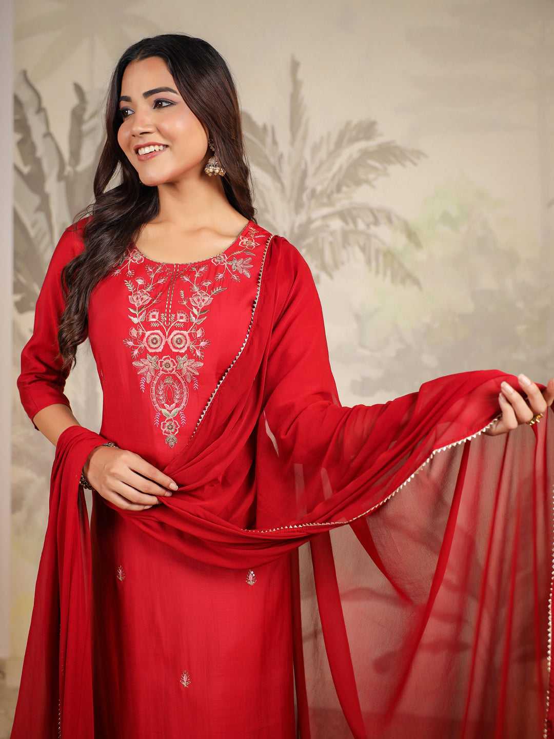Maroon Chanderi Embroidered Straight Kurta Set