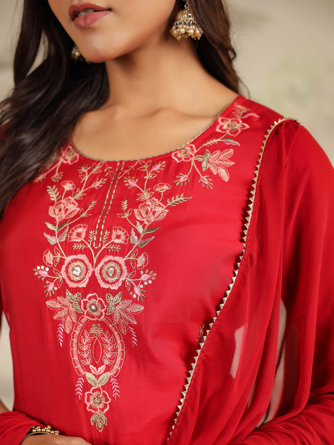 Maroon Chanderi Embroidered Straight Kurta Set