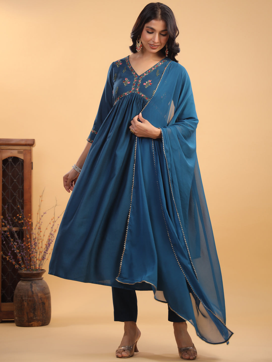 Teal Blue Silk Blend Yoke Embroidered A-Line Kurta Set