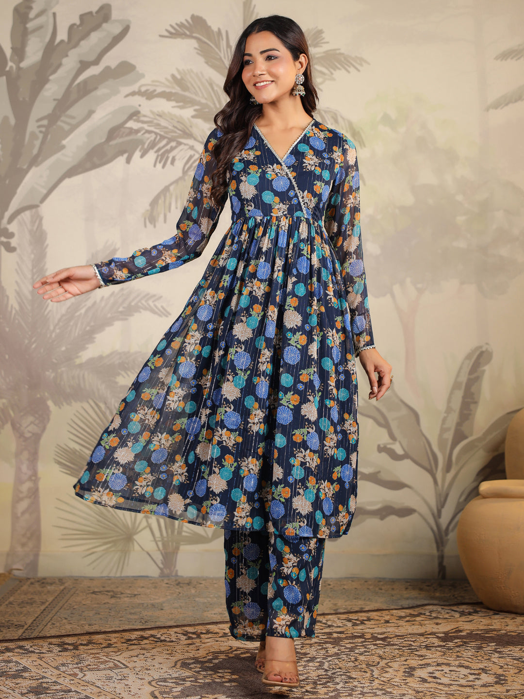 Dark Blue Georgette Floral Printed Flared Kurta with Dupatta Set