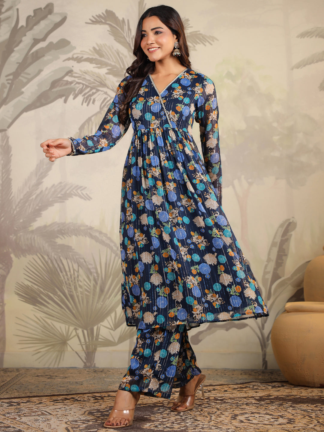 Dark Blue Georgette Floral Printed Flared Kurta with Dupatta Set