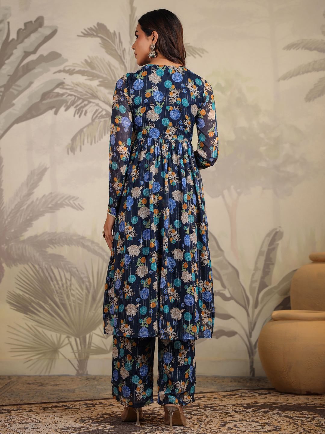 Dark Blue Georgette Floral Printed Flared Kurta with Dupatta Set