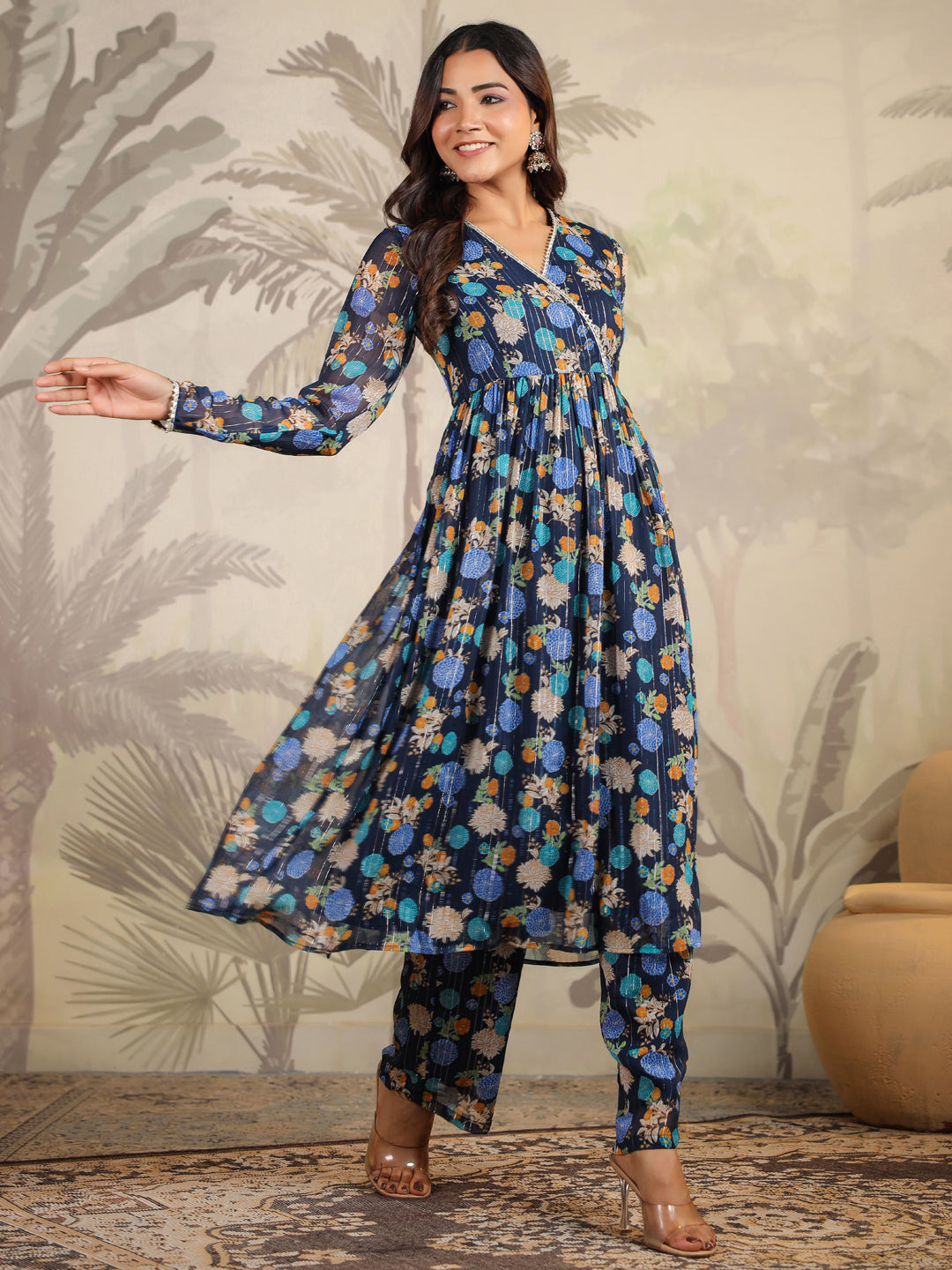 Dark Blue Georgette Floral Printed Flared Kurta with Dupatta Set