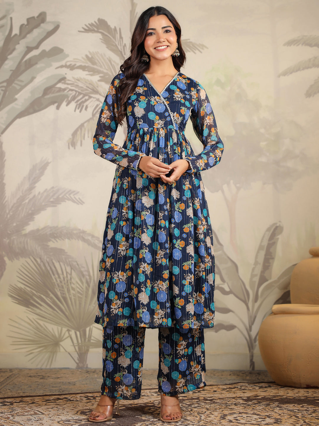 Dark Blue Georgette Floral Printed Flared Kurta with Dupatta Set