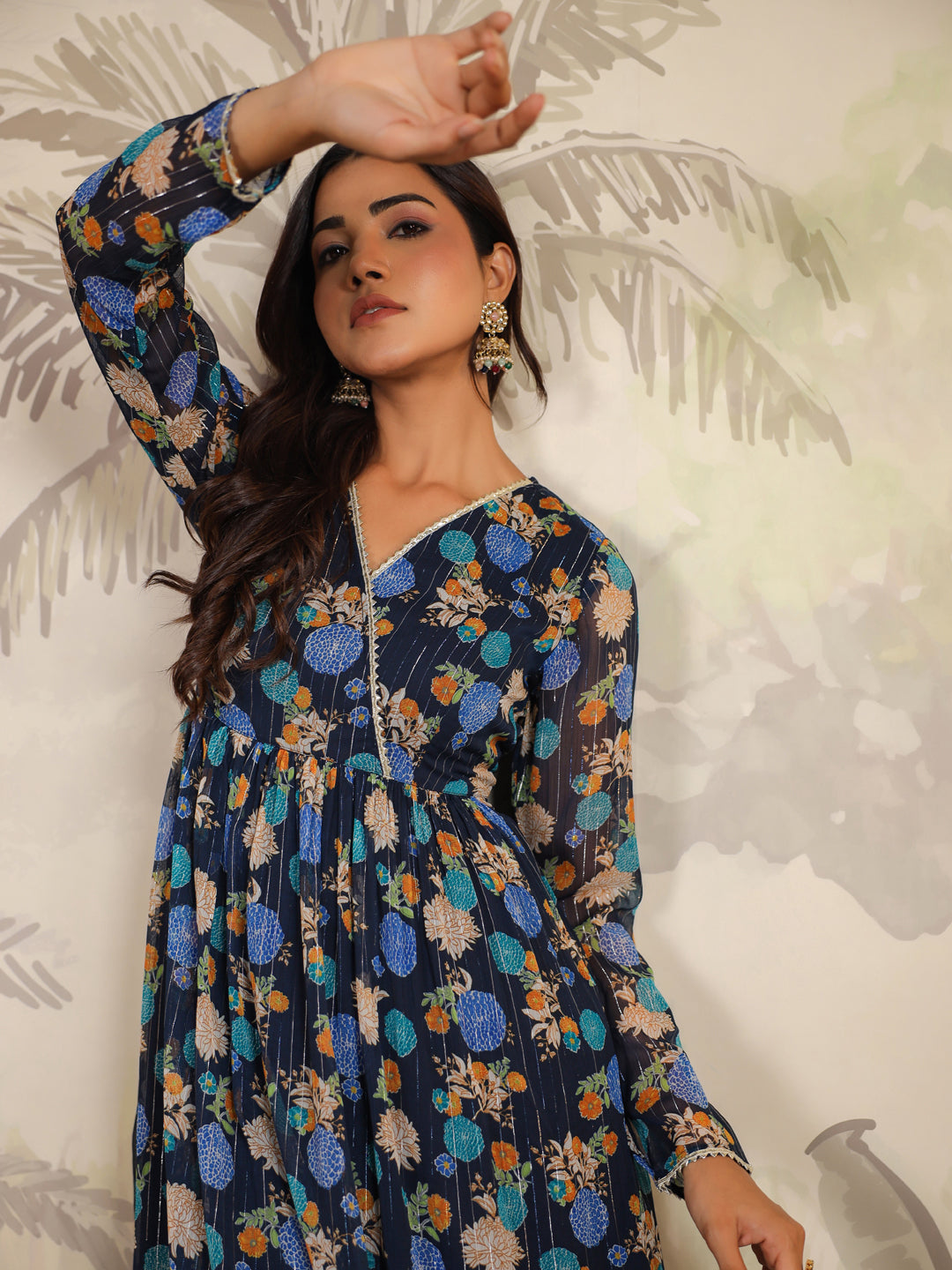 Dark Blue Georgette Floral Printed Flared Kurta with Dupatta Set