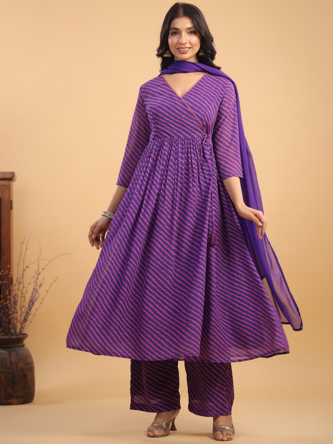 Purple Georgette Striped Angrakha Kurta Set