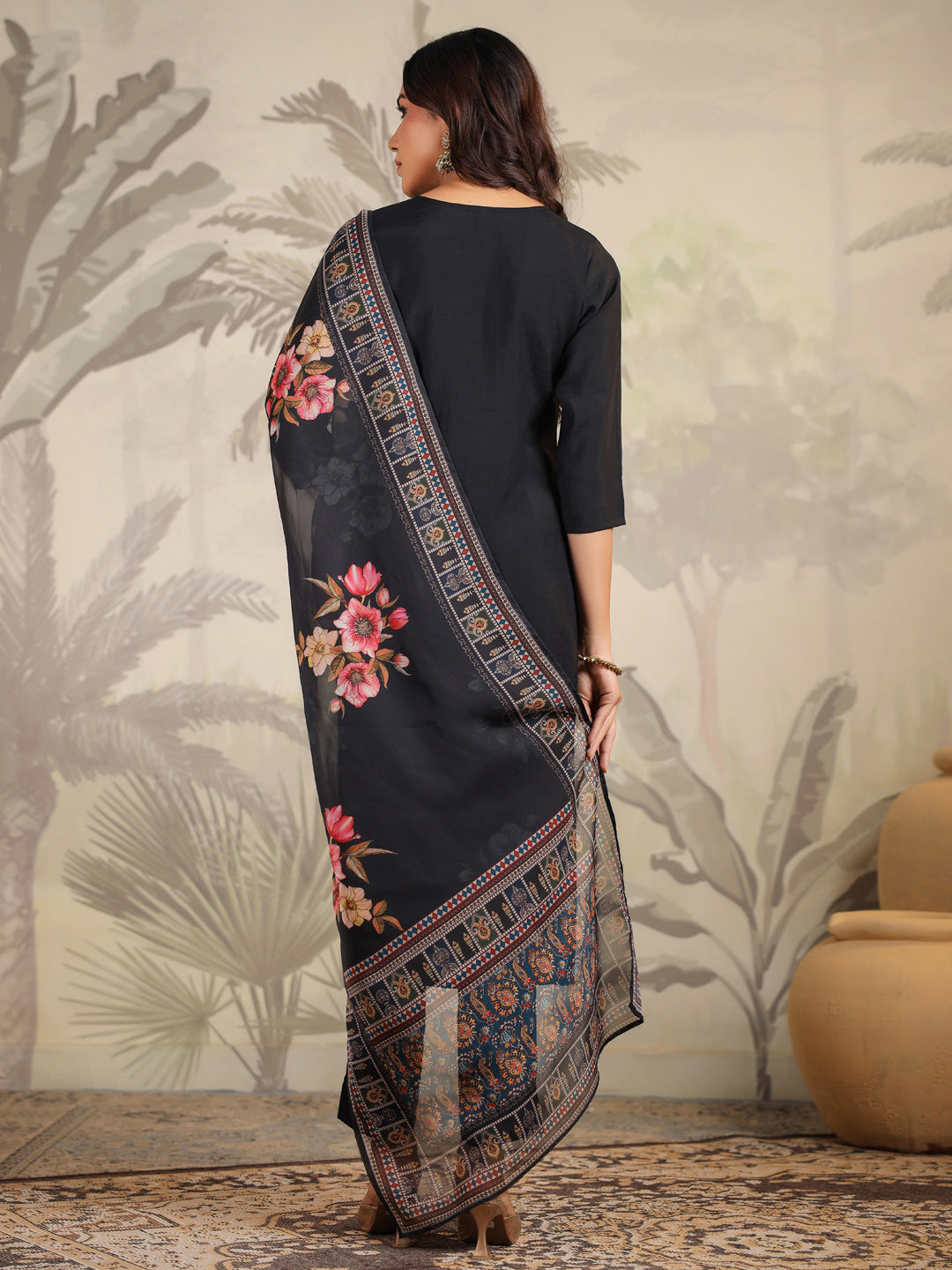 Black Chanderi Silk Yoke Embroidery Straight Kurta with Pant & Dupatta Set