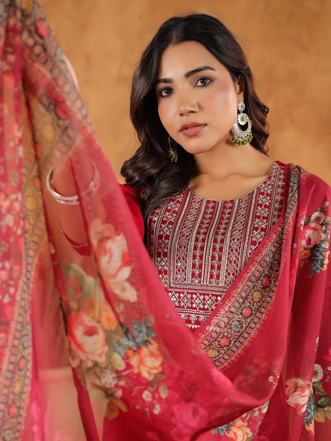 Maroon Chanderi Silk Yoke Embroidered Straight Kurta Set