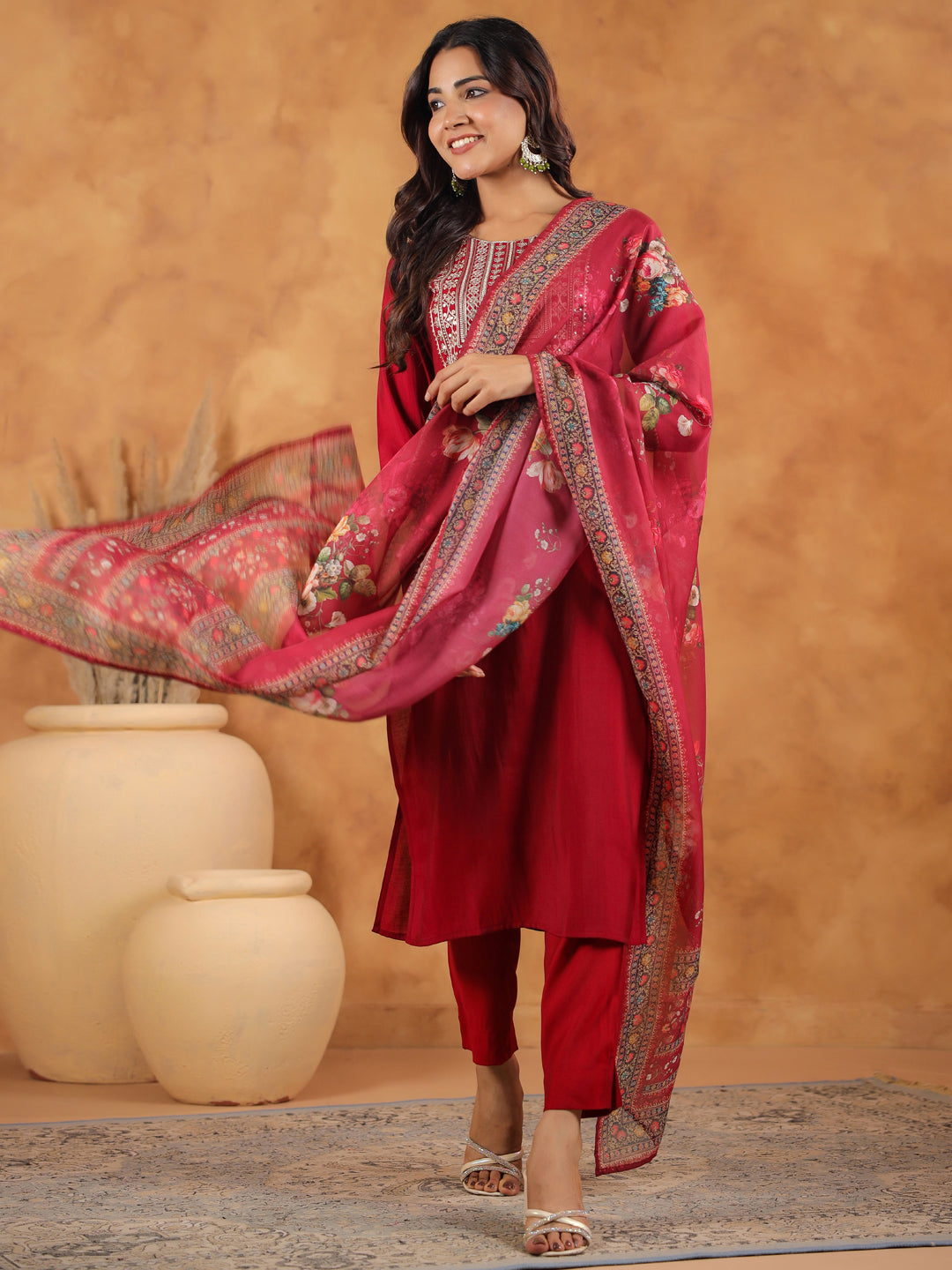 Maroon Chanderi Silk Yoke Embroidered Straight Kurta Set