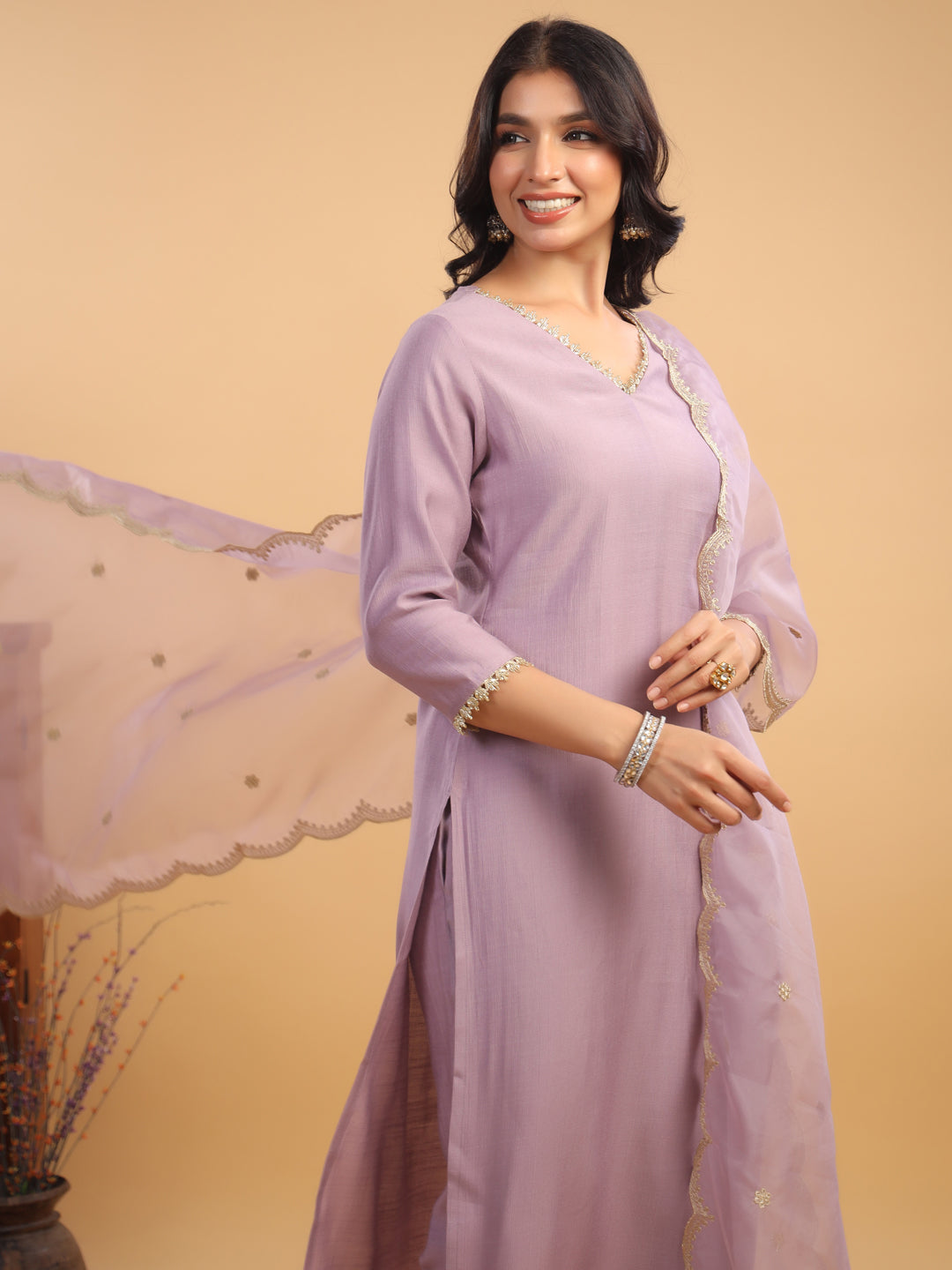 Lavender Silk Blend Emabellished Straight Kurta Set