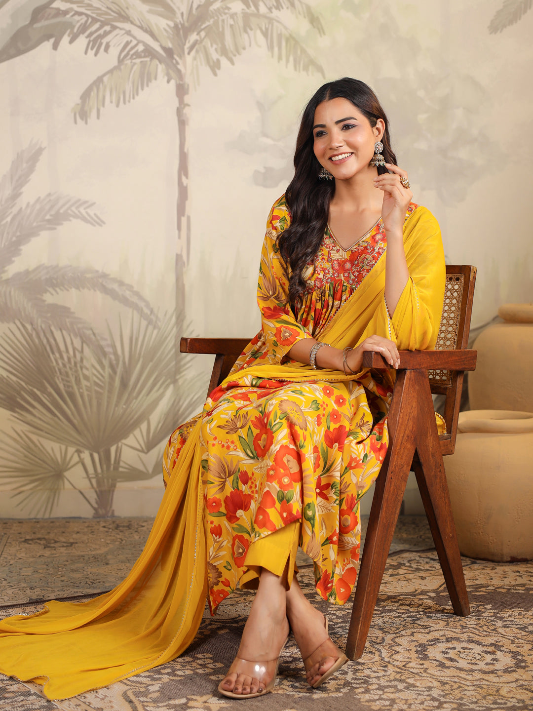 Mustard Chanderi Silk Floral Printed A-line Kurta Set