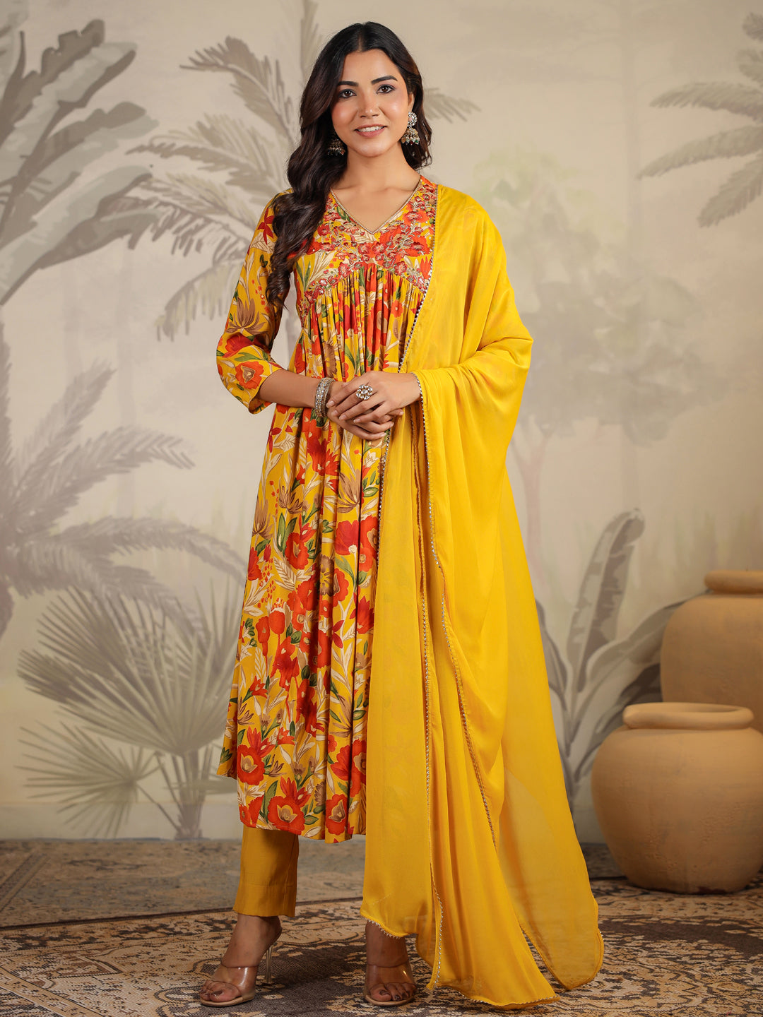 Mustard Chanderi Silk Floral Printed A-line Kurta Set