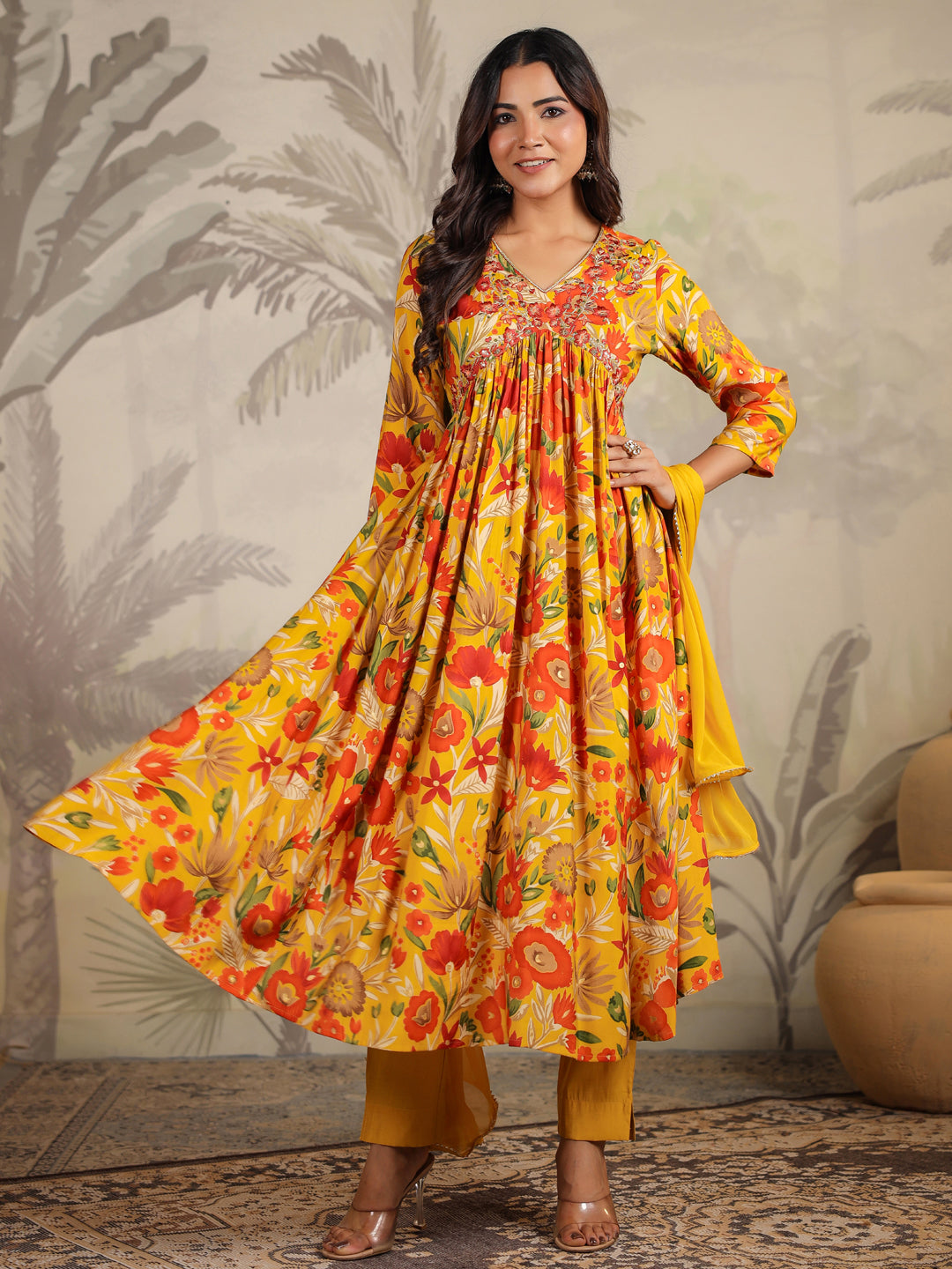 Mustard Chanderi Silk Floral Printed A-line Kurta Set