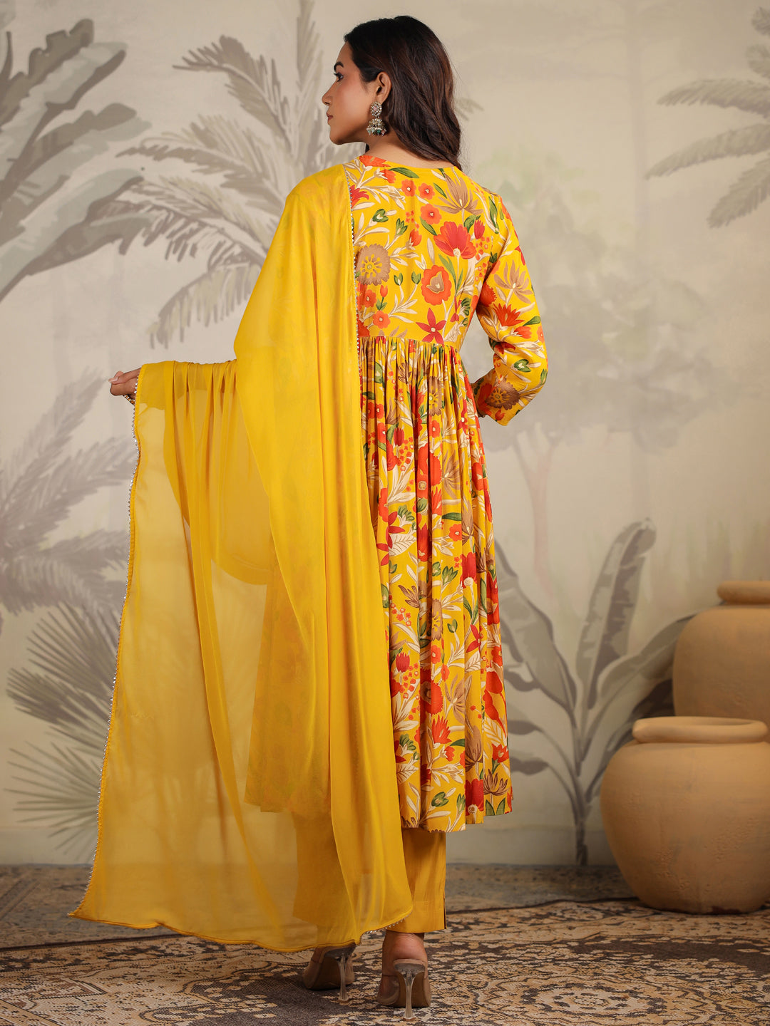 Mustard Chanderi Silk Floral Printed A-line Kurta Set