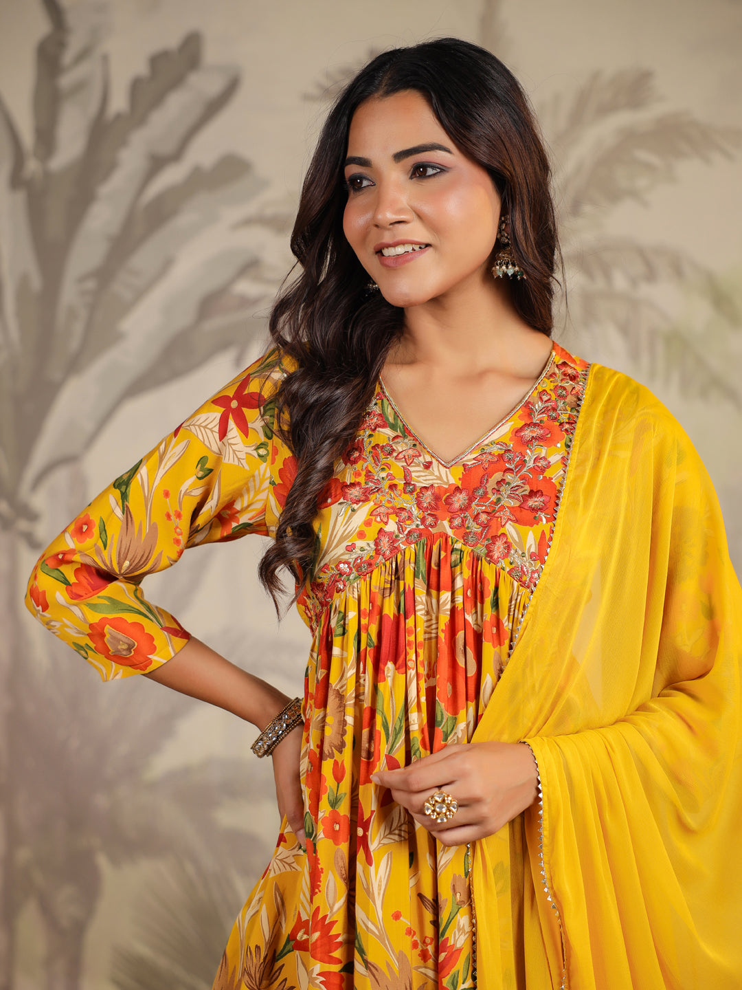 Mustard Chanderi Silk Floral Printed A-line Kurta Set