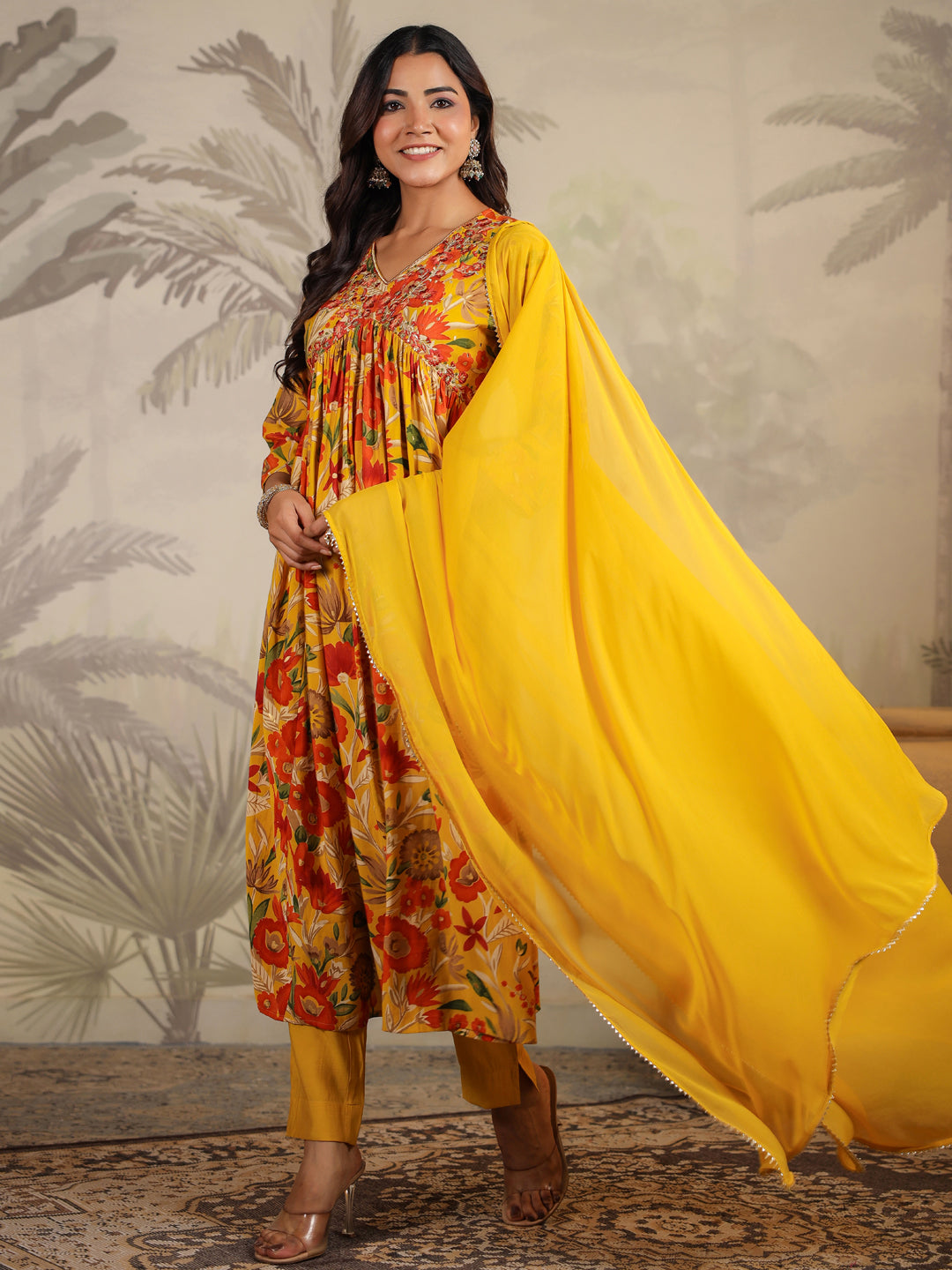 Mustard Chanderi Silk Floral Printed A-line Kurta Set