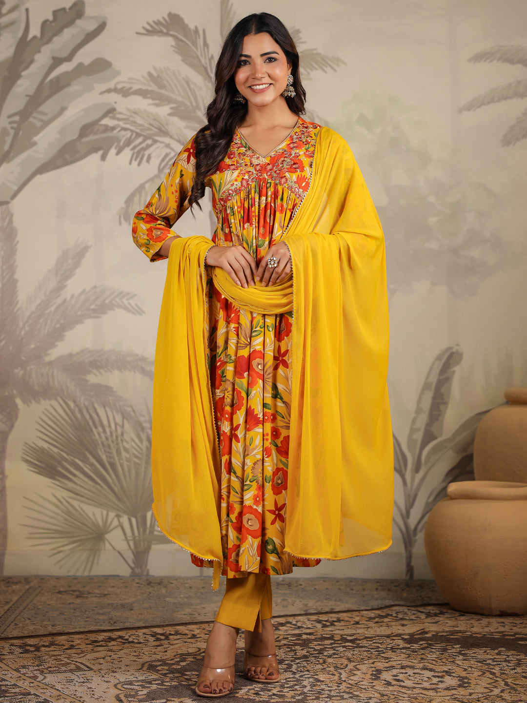 Mustard Chanderi Silk Floral Printed A-line Kurta Set