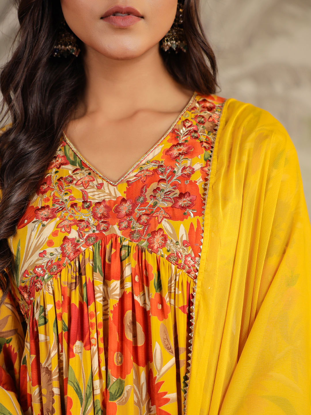Mustard Chanderi Silk Floral Printed A-line Kurta Set