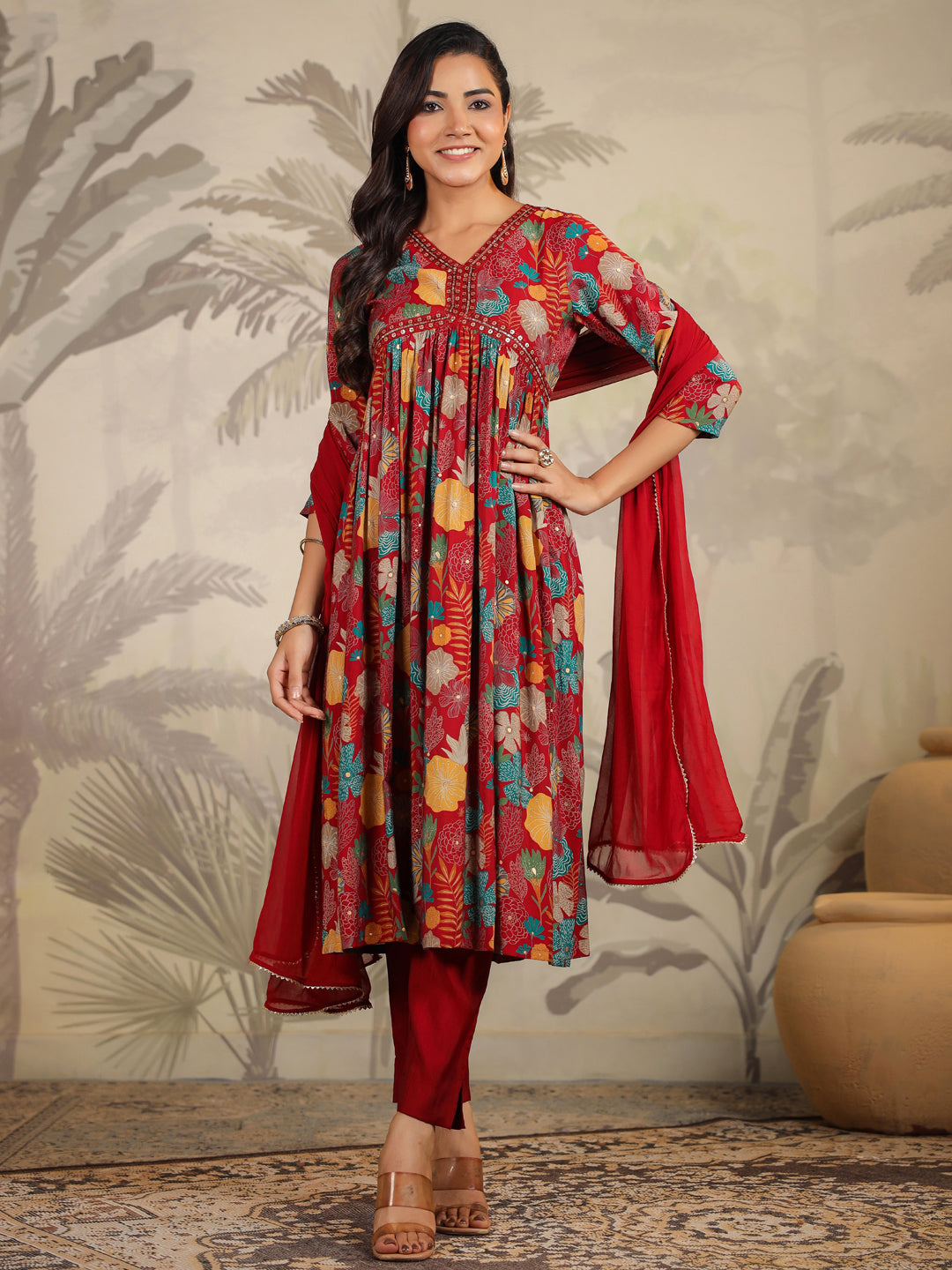 Maroon Chanderi Floral Printed A-Line Kurta Set
