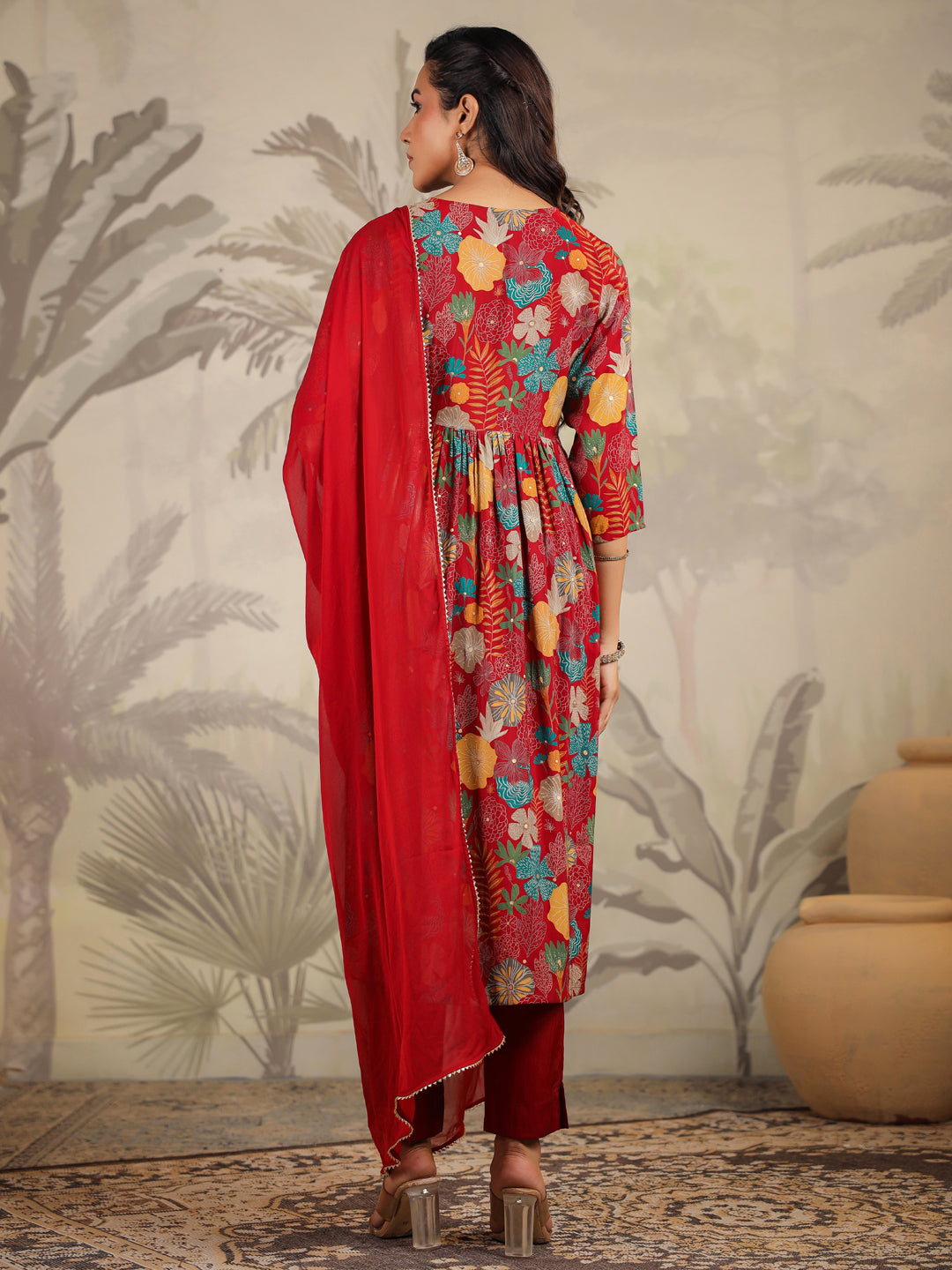 Maroon Chanderi Floral Printed A-Line Kurta Set