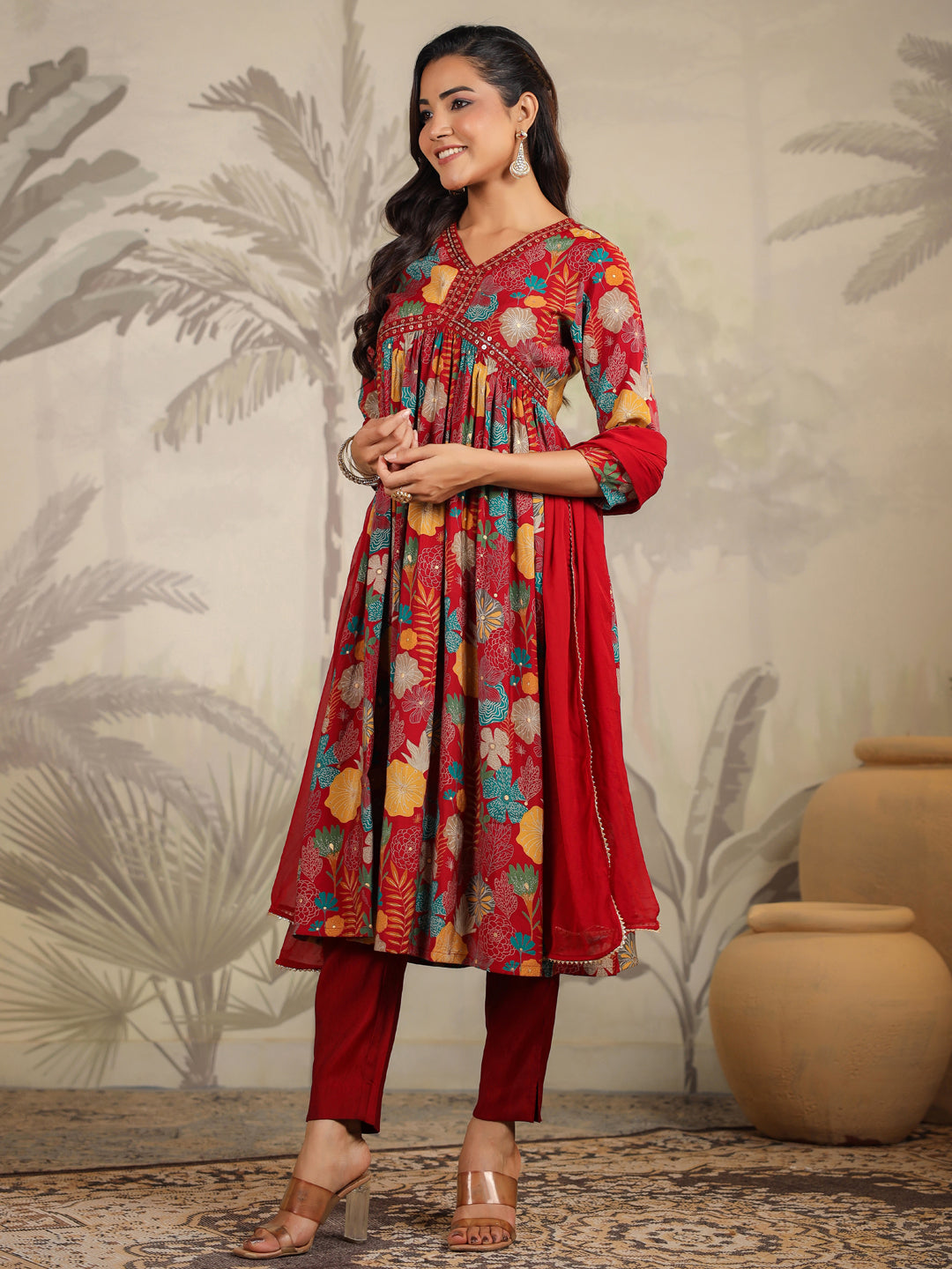 Maroon Chanderi Floral Printed A-Line Kurta Set