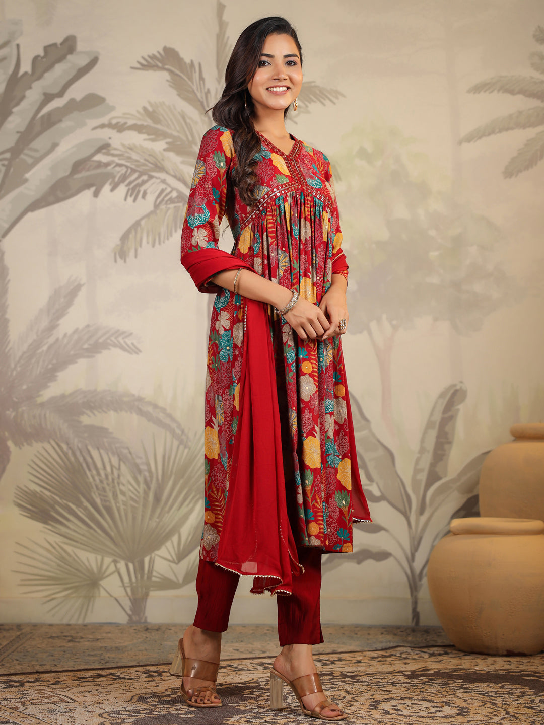Maroon Chanderi Floral Printed A-Line Kurta Set