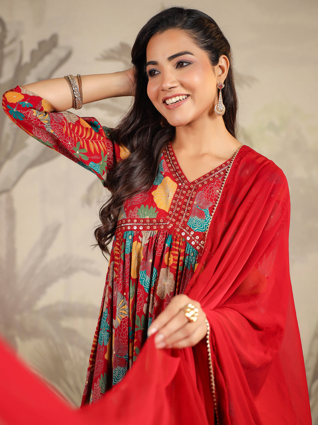 Maroon Chanderi Floral Printed A-Line Kurta Set