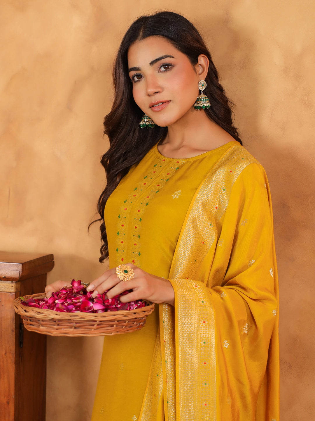 Mustard Silk Blend Jacquard Paithani Style Straight Kurta Set